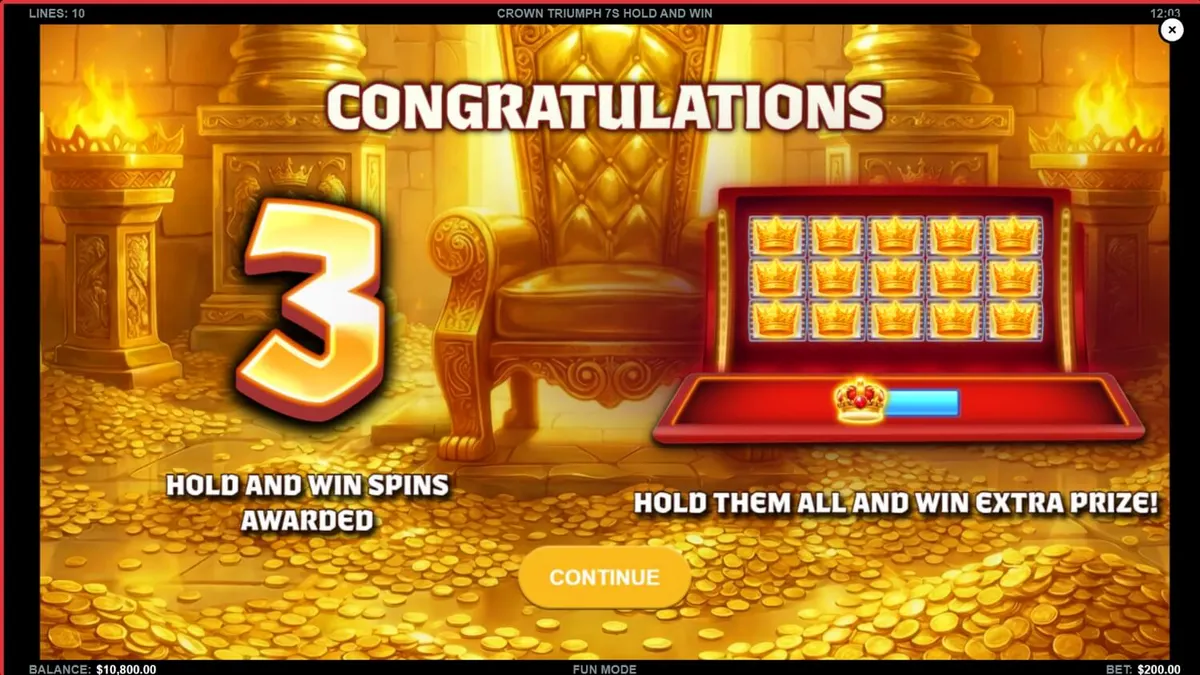 Interface do jogo Crown Triumph 7s Hold and Win com símbolos clássicos e elementos reais
