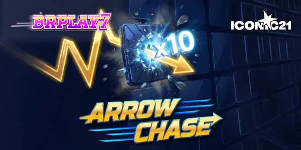 Captura de tela do jogo Arrow Chase da ICONIC21, mostrando uma seta em movimento sobre uma grade de blocos multiplicadores coloridos.